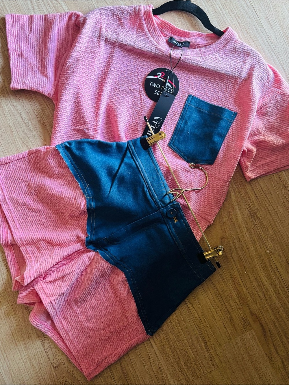 Julia Pink women Two-Piece Top with Blue Pocket Detail
